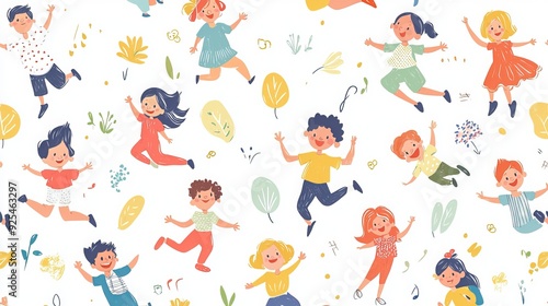 A seamless pattern in a childish doodle style depicting happy children playing, running, and jumping in a summer park. The hand-drawn vector illustration features colorful,