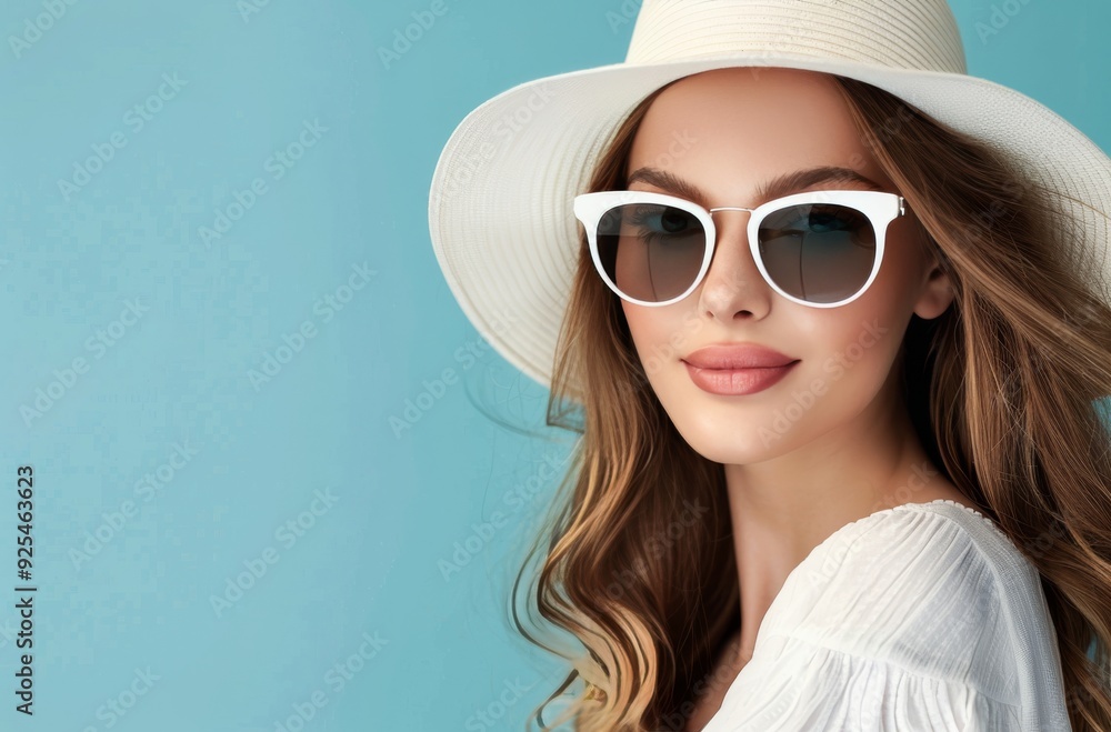 Stylish Woman in Wide-Brimmed Hat and Chic Sunglasses Posing Against a Soft Blue Background Stylish Woman in Wide-Brimmed Hat and Chic Sunglasses Posing Against a Soft Blue Background
