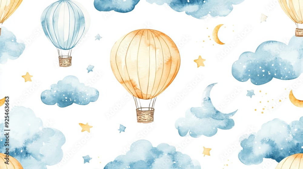 A seamless watercolor pattern featuring hot air balloons, clouds, and the moon in the sky. This cute design is perfect for children's textile designs or wallpaper. A seamless watercolor pattern featuring hot air balloons, clouds, and the moon in the sky. This cute design is perfect for children's textile designs or wallpaper.