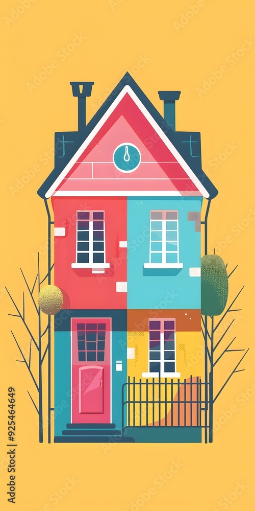 Colorful House Illustration With Yellow Background Colorful House Illustration With Yellow Background