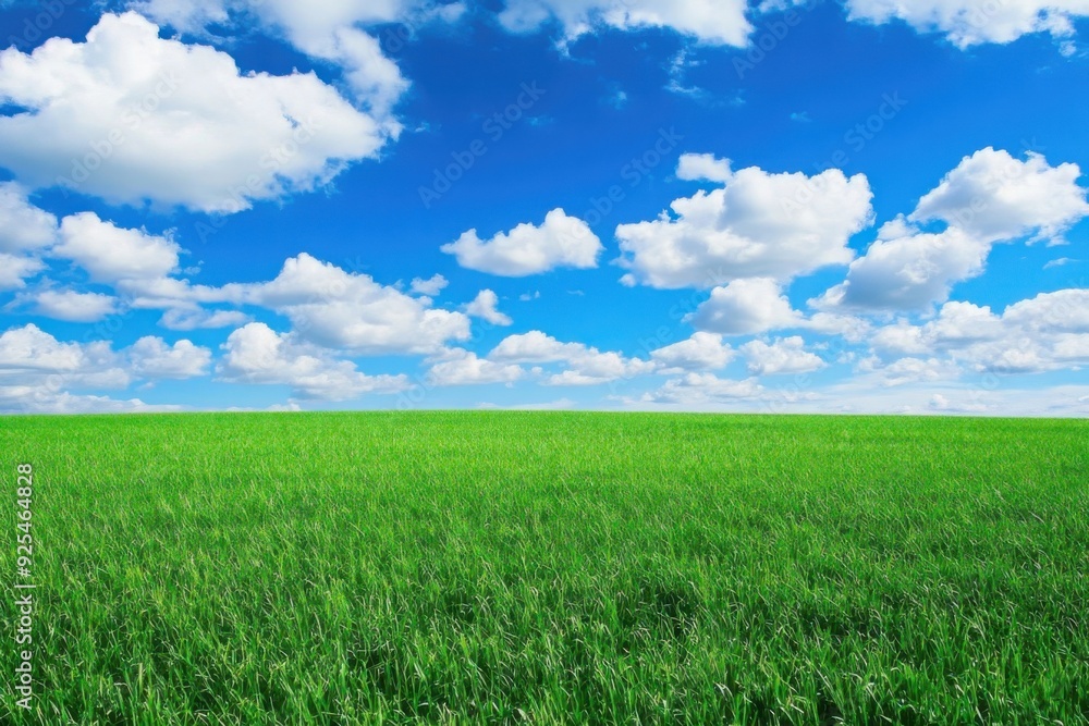 A vast expanse of green field under a vivid blue sky dotted with white clouds. A vast expanse of green field under a vivid blue sky dotted with white clouds.