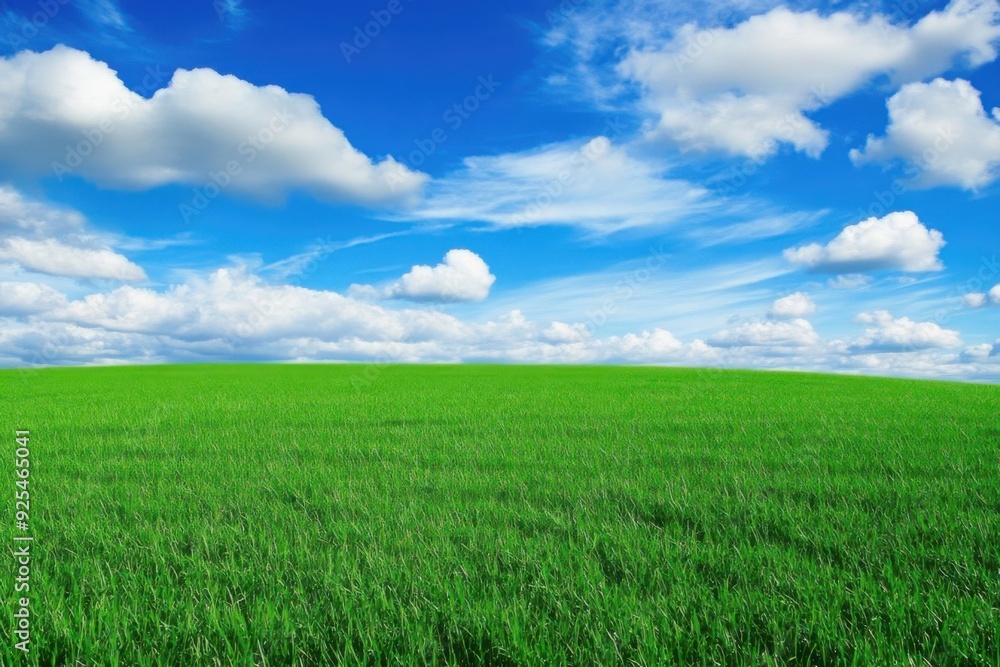 A vast green field below a bright blue sky with scattered clouds forming a picturesque scene. A vast green field below a bright blue sky with scattered clouds forming a picturesque scene.