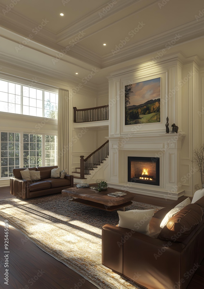 Modern Living Room with Fireplace and Large Windows Modern Living Room with Fireplace and Large Windows