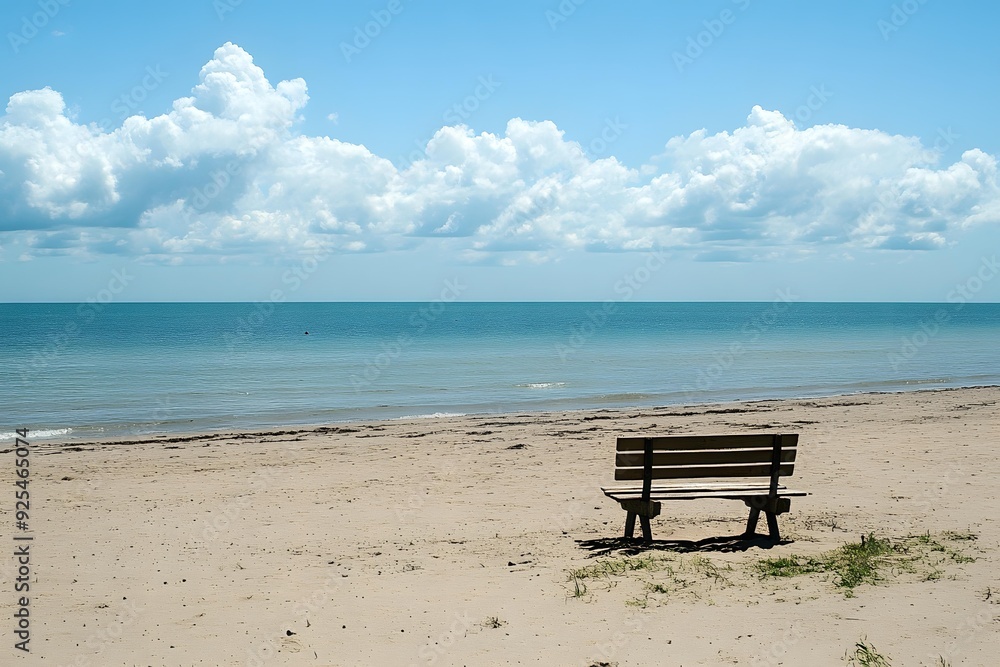 Beach Bench With Blue Sky and White Clouds Beach Bench With Blue Sky and White Clouds
