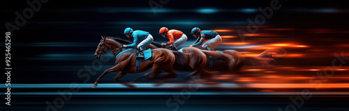 Dynamic image of three jockeys racing on horses, with motion blur effects emphasizing speed.