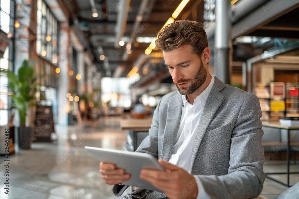 businessman analyzing business analytics on a tablet device in a modern office setting. businessman analyzing business analytics on a tablet device in a modern office setting.