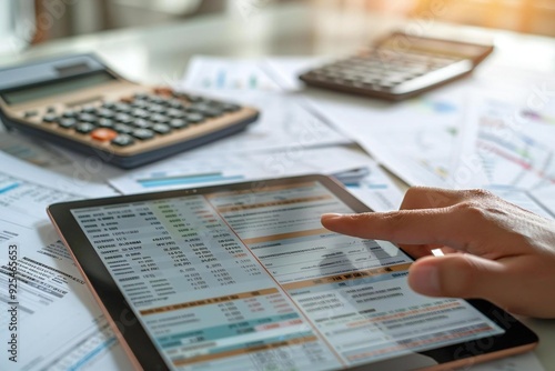 close-up shot of a digital invoice accounting and audit finance software on a tablet screen with a background of financial documents and calculator.