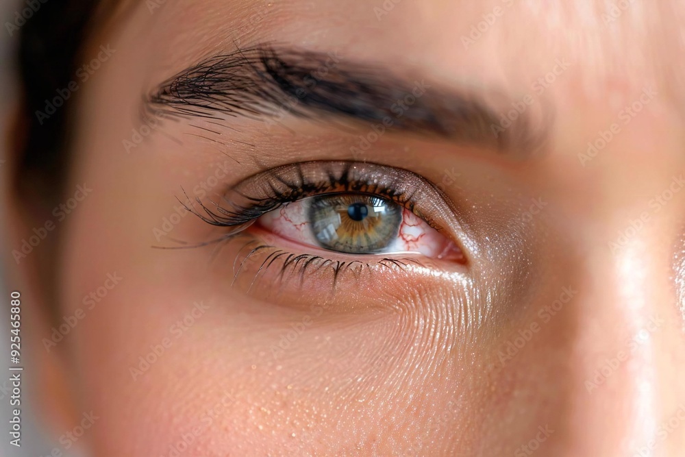 close-up photo of a woman's tired and achy eye, showing signs of swelling, redness, and discomfort. close-up photo of a woman's tired and achy eye, showing signs of swelling, redness, and discomfort.