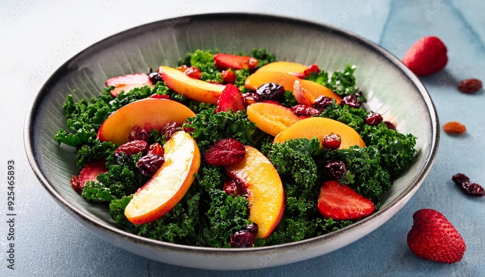 Crisp kale mingles with juicy peaches, plump raisins, and tangy dry cranberries in a refreshing, vibrant salad, drizzled with zesty citrus dressing. Crisp kale mingles with juicy peaches, plump raisins, and tangy dry cranberries in a refreshing, vibrant salad, drizzled with zesty citrus dressing.