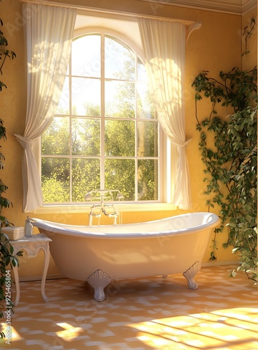 White Bathtub in a Sunlit Bathroom With Yellow Walls