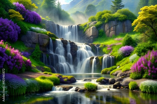 Fototapeta Naklejka Na Ścianę i Meble -  waterfall in spring bloom a cascading waterfalls