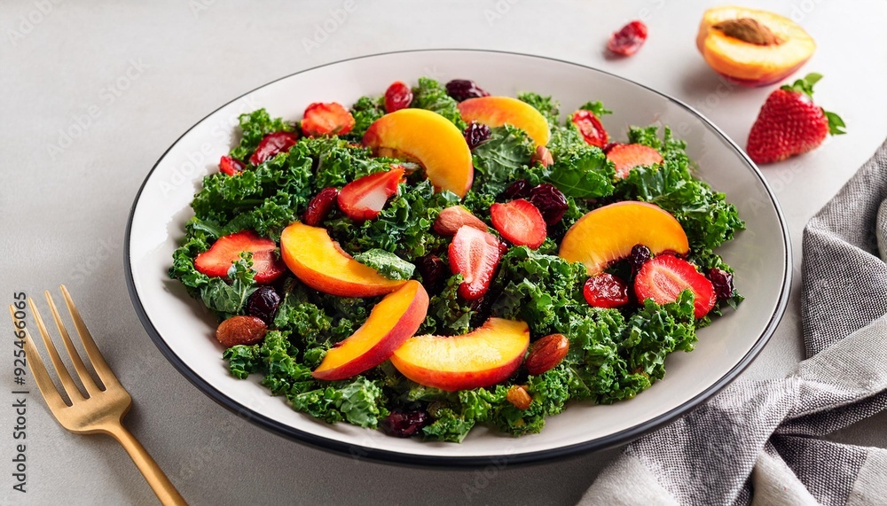 Crisp kale mingles with juicy peaches, plump raisins, and tangy dry cranberries in a refreshing, vibrant salad, drizzled with zesty citrus dressing. Crisp kale mingles with juicy peaches, plump raisins, and tangy dry cranberries in a refreshing, vibrant salad, drizzled with zesty citrus dressing.