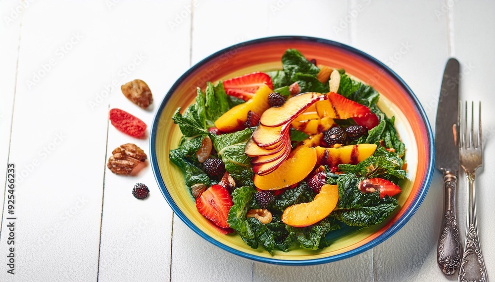 Crisp kale mingles with juicy peaches, plump raisins, and tangy dry cranberries in a refreshing, vibrant salad, drizzled with zesty citrus dressing. Crisp kale mingles with juicy peaches, plump raisins, and tangy dry cranberries in a refreshing, vibrant salad, drizzled with zesty citrus dressing.