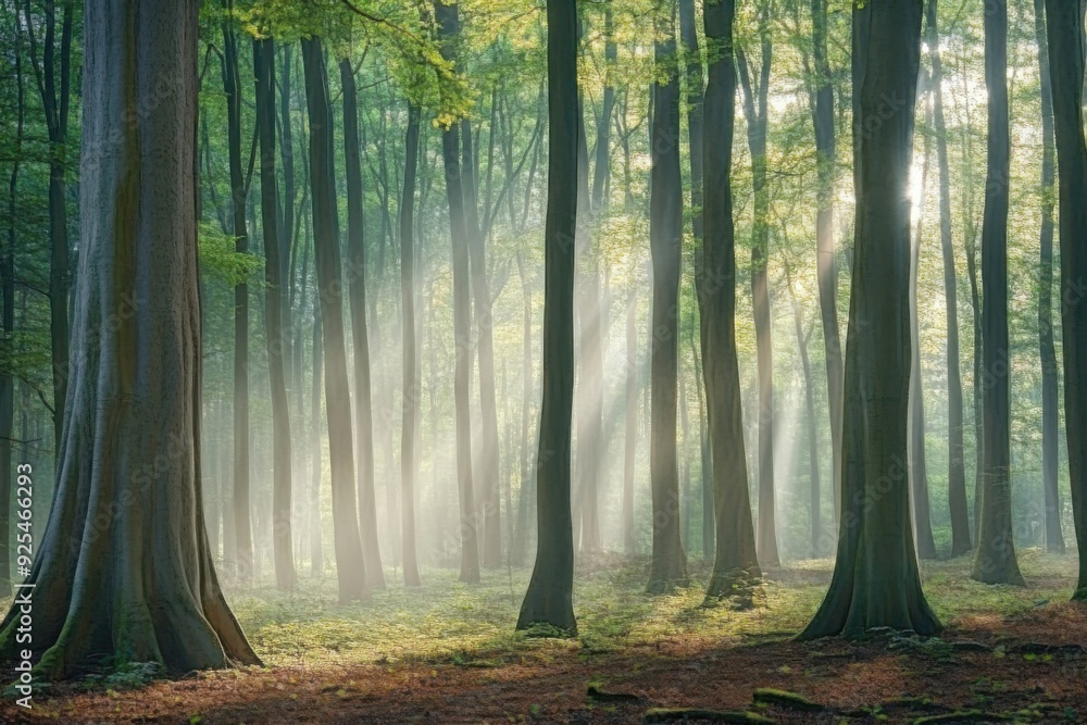 Obraz premium A serene forest with tall trees and sun rays streaming through the canopy, creating a peaceful atmosphere.