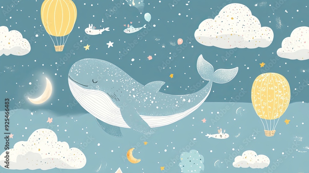 A vector illustration in style featuring a hand-drawn, colorful, cute whale in the sky with air balloons, clouds, and the moon. Perfect for kids' wallpaper, baby room design A vector illustration in style featuring a hand-drawn, colorful, cute whale in the sky with air balloons, clouds, and the moon. Perfect for kids' wallpaper, baby room design