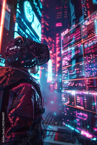 cyberpunk hacker in a virtual reality setting, surrounded by holographic code, futuristic UI, and virtual landscape