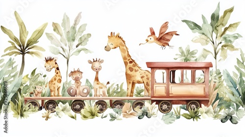 Fototapeta Naklejka Na Ścianę i Meble -  A watercolor hand-drawn illustration of a train with jungle animals, set against a white isolated background