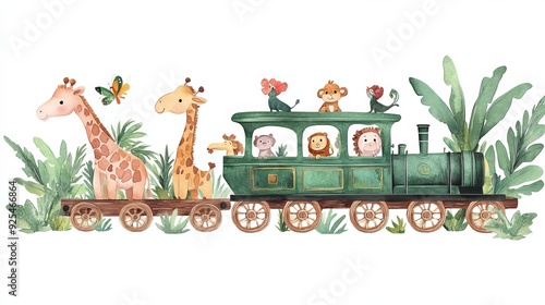 Fototapeta Naklejka Na Ścianę i Meble -  A watercolor hand-drawn illustration of a train with jungle animals, set against a white isolated background