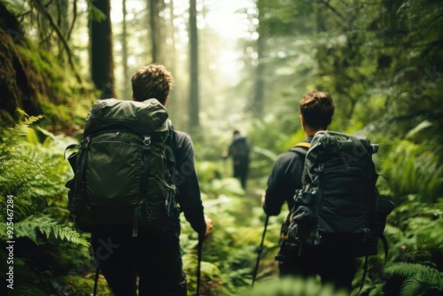 Wallpaper Mural Two hikers trekking through a lush, green forest with backpacks on a misty day. Torontodigital.ca