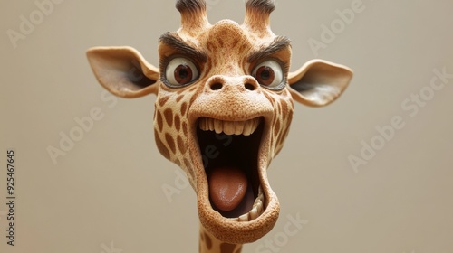 A cartoon giraffe with a big mouth and angry expression. The cartoon giraffe is looking at the camera and he is yelling