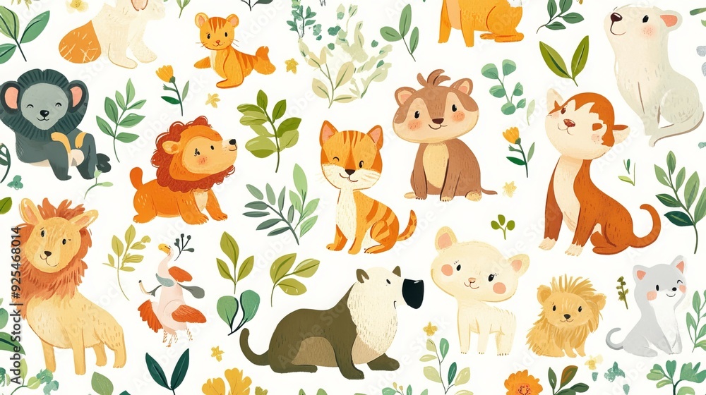 This wallpaper design features an assortment of adorable animals, such as playful puppies, cuddly kittens, and friendly jungle creatures. The design is colorful and whimsical, creating a cheerful This wallpaper design features an assortment of adorable animals, such as playful puppies, cuddly kittens, and friendly jungle creatures. The design is colorful and whimsical, creating a cheerful