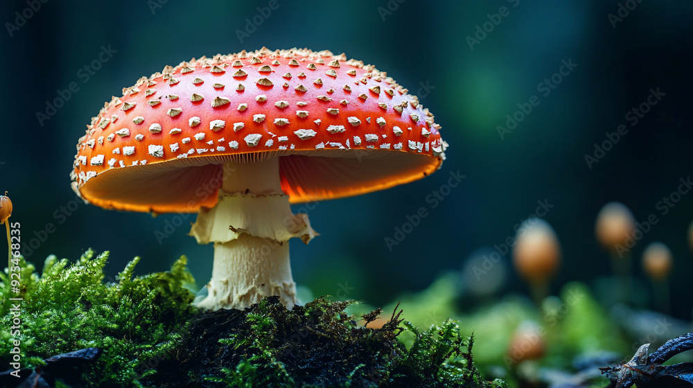 Fototapeta premium Red and White Mushroom in Mossy Forest: A captivating macro shot of a vibrant red and white mushroom emerging from a bed of moss, with a blurred forest background, highlighting the beauty and detail o
