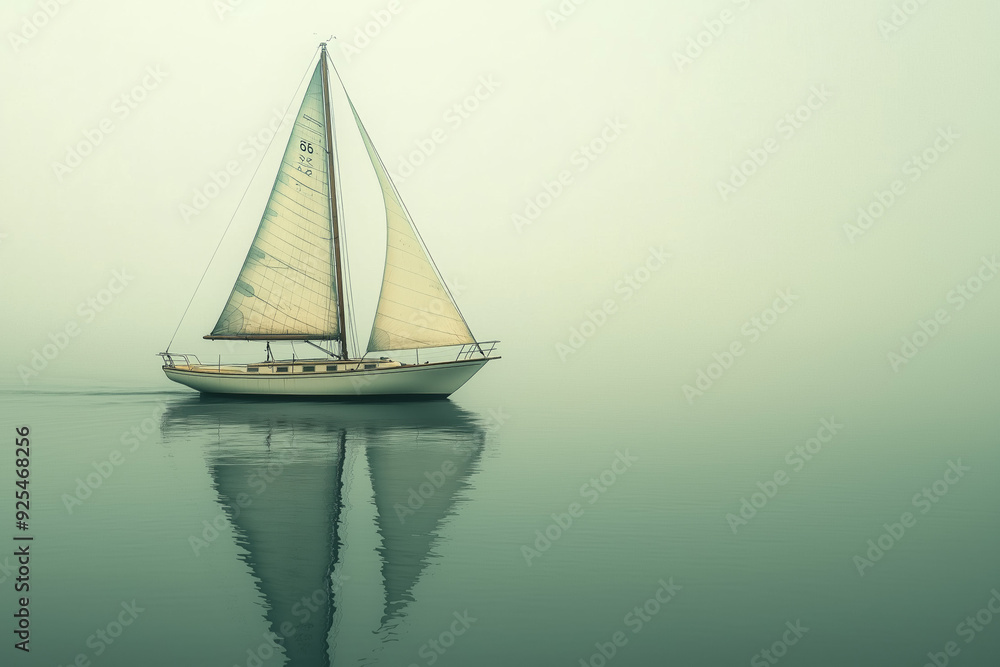 Sailboat on Calm Ocean Water with Fog Sailboat on Calm Ocean Water with Fog