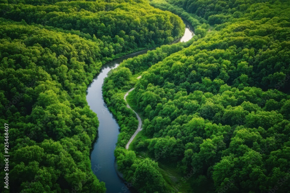 Aerial view of a lush forest with a winding river and path, bathed in vibrant green colors. Aerial view of a lush forest with a winding river and path, bathed in vibrant green colors.