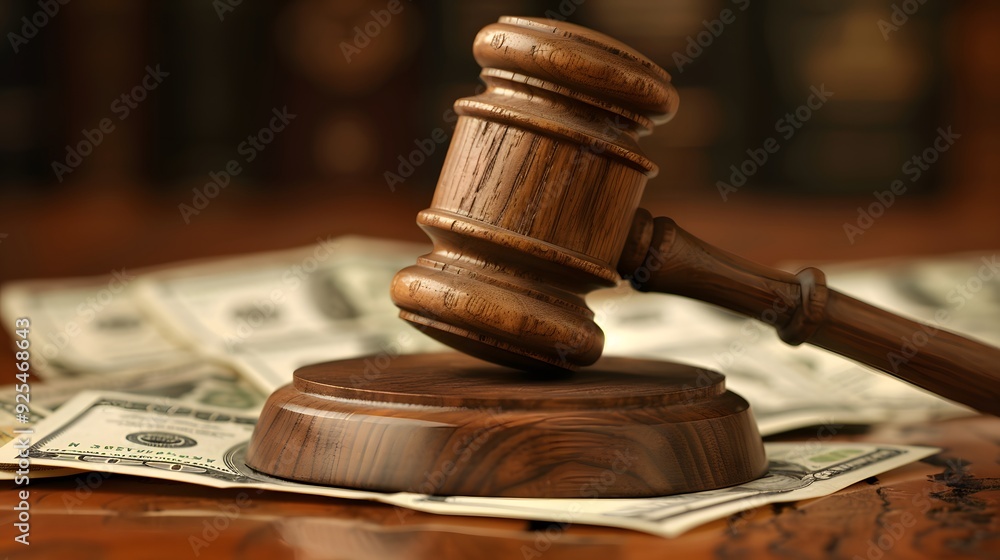 A crisp, full ultra HD photograph featuring a close-up of a wooden gavel and dollar bills on a brown table, with a blurred dark brown background. The image should have clear copy space for text. A crisp, full ultra HD photograph featuring a close-up of a wooden gavel and dollar bills on a brown table, with a blurred dark brown background. The image should have clear copy space for text.