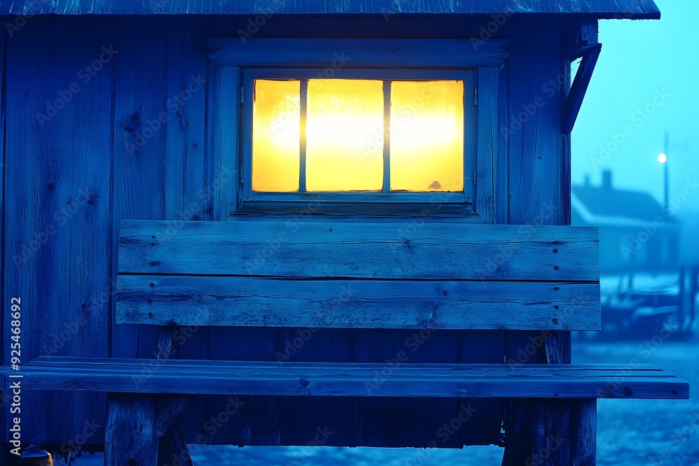 Blue Wooden Shack with a Luminous Window Blue Wooden Shack with a Luminous Window