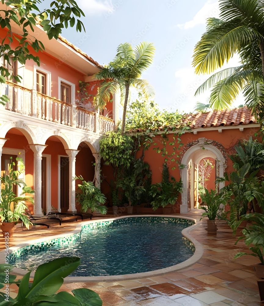 Fototapeta premium Tropical Courtyard Pool with Lush Greenery