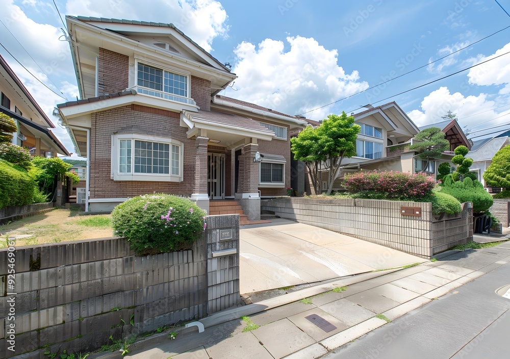 Fototapeta premium Brick House with Green Lawn and Driveway in Japan