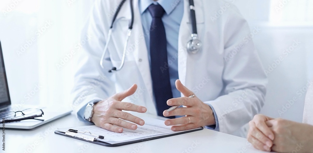 Doctor and a patient. The physician, wearing a white medical coat over a blue shirt and tie, gesturing with his hands during a consultation in the clinic. Medicine concept Doctor and a patient. The physician, wearing a white medical coat over a blue shirt and tie, gesturing with his hands during a consultation in the clinic. Medicine concept