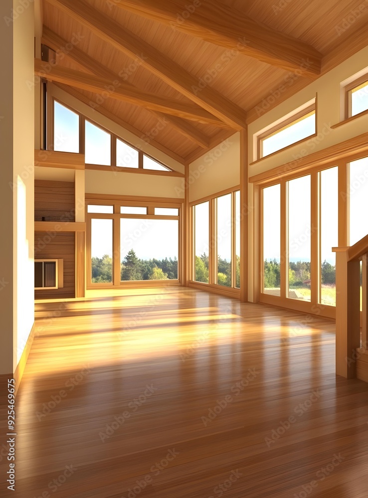 Fototapeta premium Modern Wooden Interior Design with Large Windows