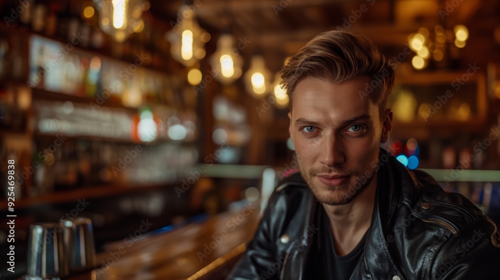 A man wearing a leather jacket sits by the bar in a dimly lit setting, with a thoughtful expression and lively background.