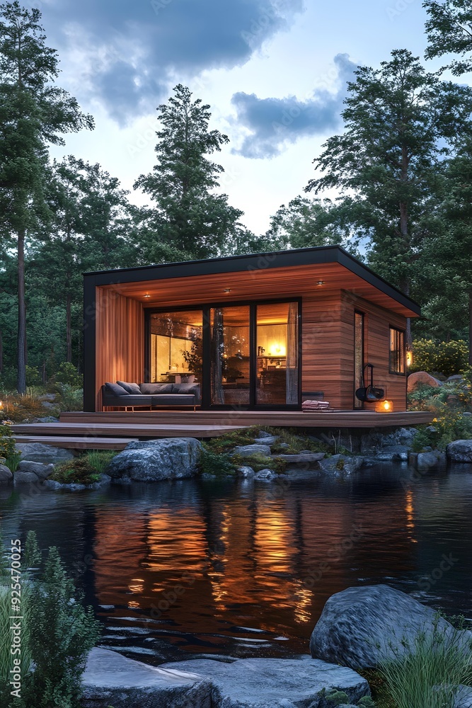 Fototapeta premium Modern Cabin Near Lake in Forest
