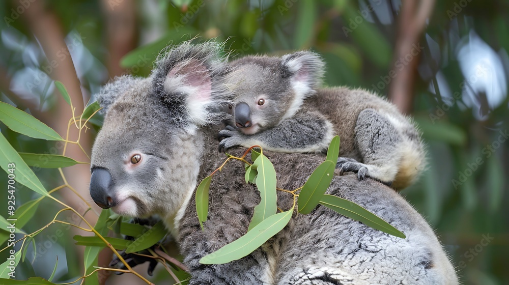 A mother koala carrying her joey on her back, both looking cute and cuddly. A mother koala carrying her joey on her back, both looking cute and cuddly.