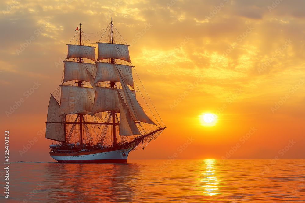 Fototapeta premium Sailing Ship at Sunset on the Ocean