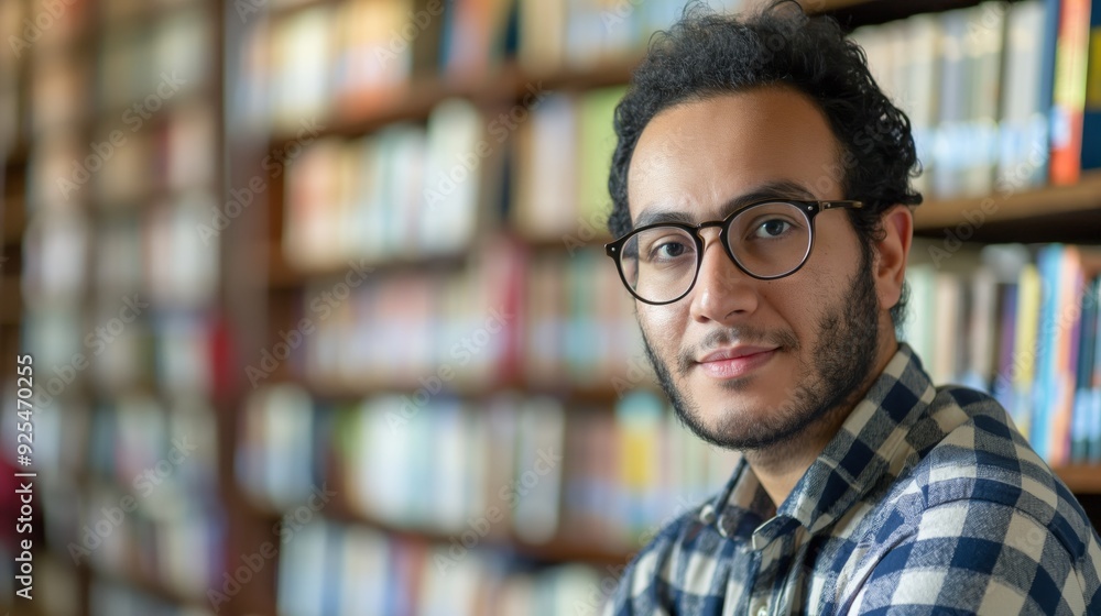 A man wearing glasses, sitting in a library with blurred bookshelves in the background, focused on the camera. A man wearing glasses, sitting in a library with blurred bookshelves in the background, focused on the camera.