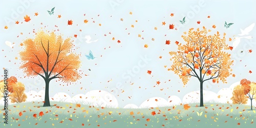 Autumn Landscape with Falling Leaves and Birds