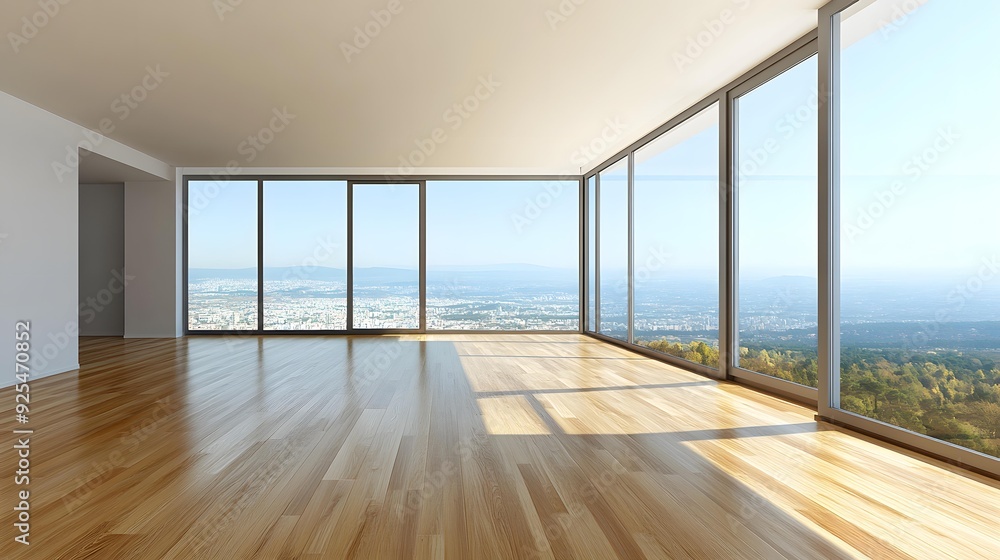 Modern Empty Room with Large Windows and City View Modern Empty Room with Large Windows and City View