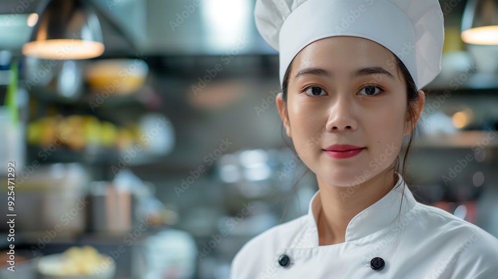 A female chef wearing a white uniform and hat, standing in a professional kitchen with a calm and confident smile. A female chef wearing a white uniform and hat, standing in a professional kitchen with a calm and confident smile.