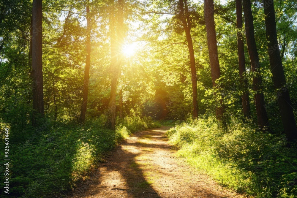 Obraz premium A sunlit path through a lush green forest with tall trees and dense foliage.