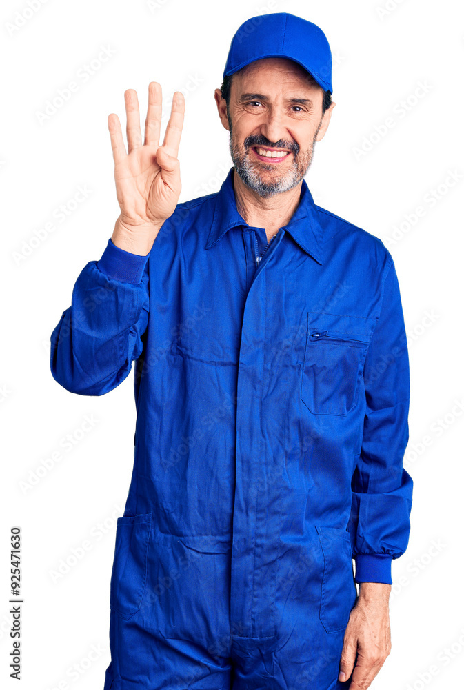 Middle age handsome man wearing mechanic uniform showing and pointing up with fingers number four while smiling confident and happy. Middle age handsome man wearing mechanic uniform showing and pointing up with fingers number four while smiling confident and happy.