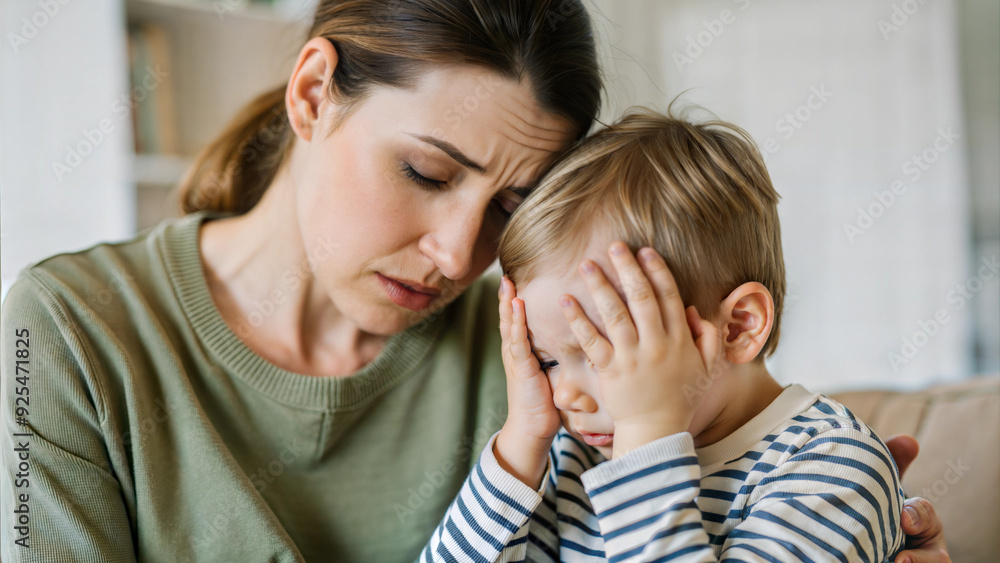 Mother Comforting and Embracing Her Upset Son, Tender Emotional Moment Mother Comforting and Embracing Her Upset Son, Tender Emotional Moment