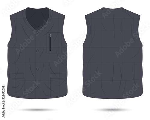Modern puffer vest mockup front and back view, vector illustration