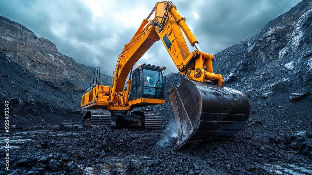 Excavator at coal mine under cloudy sky - generative ai Excavator at coal mine under cloudy sky - generative ai