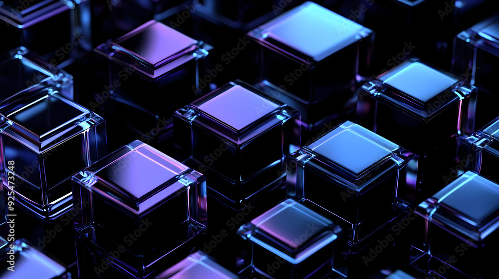Abstract geometric pattern of dark, glossy cubes with blue and purple lighting. Abstract geometric pattern of dark, glossy cubes with blue and purple lighting.