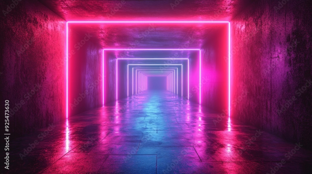 Neon lit tunnel with endless perspective - generative ai Neon lit tunnel with endless perspective - generative ai