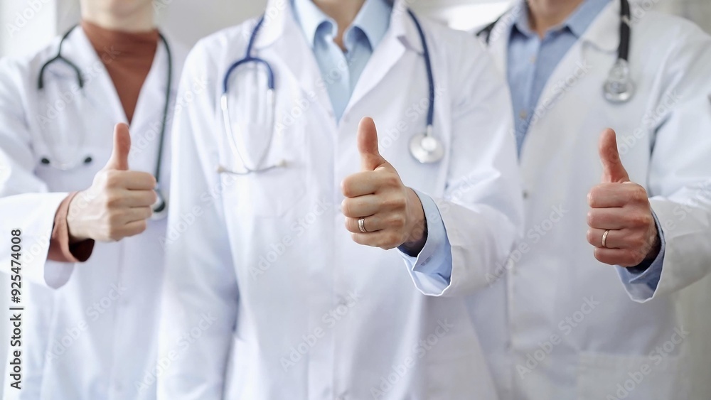 Group of doctors are are standing and showing thumbs up in hospital corridor. Medicine excellent service Group of doctors are are standing and showing thumbs up in hospital corridor. Medicine excellent service